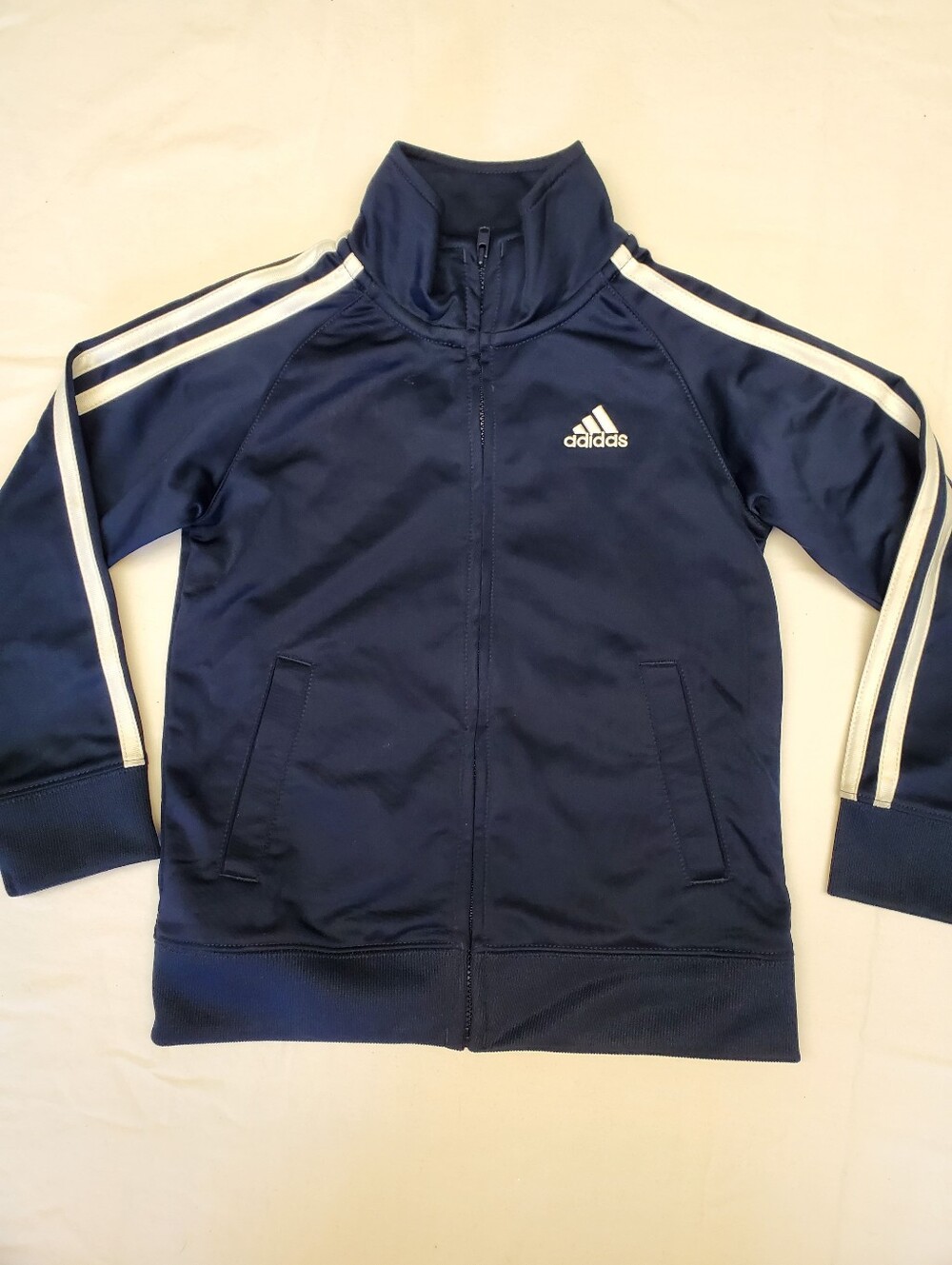 Adidas Toddler Boys Track Jacket 4T Navy Gold Stripe Full Zip Mock Neck EUC